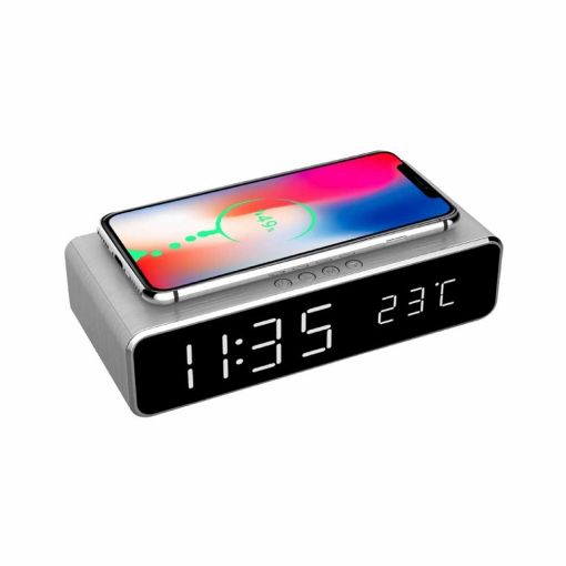 Slika Gembird DAC-WPC-01-S  digitalni sat + alarm sa bežičnim punjenjem telefona, Silver
